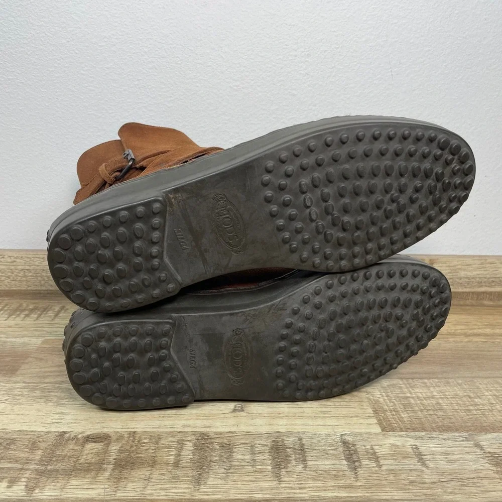 Tod's Men Brown Suede Buckle Strap Ankle Boots Pebble Soles UK 9 - US 10.5 EUC